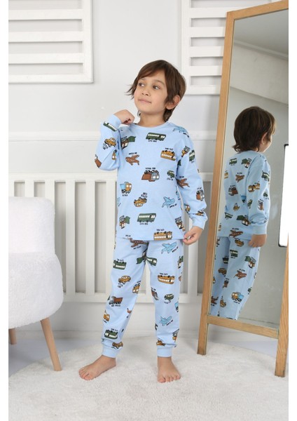 Transportation Veichle Desenli Çocuk Pijama Takımı (Alt-Üst) Bej 3-8 Yaş