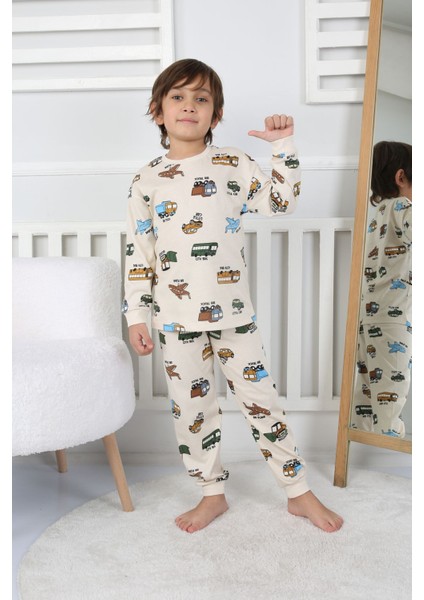 Transportation Veichle Desenli Çocuk Pijama Takımı (Alt-Üst) Bej 3-8 Yaş