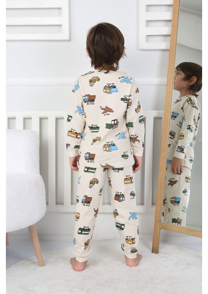 Transportation Veichle Desenli Çocuk Pijama Takımı (Alt-Üst) Bej 3-8 Yaş