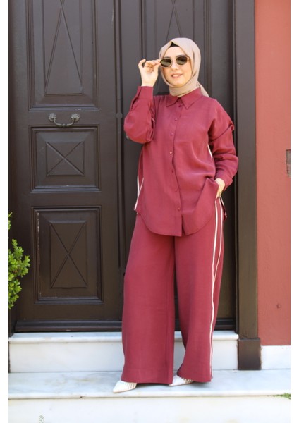 Modal Kumaş Ara Biye Detaylı Bordo Takım