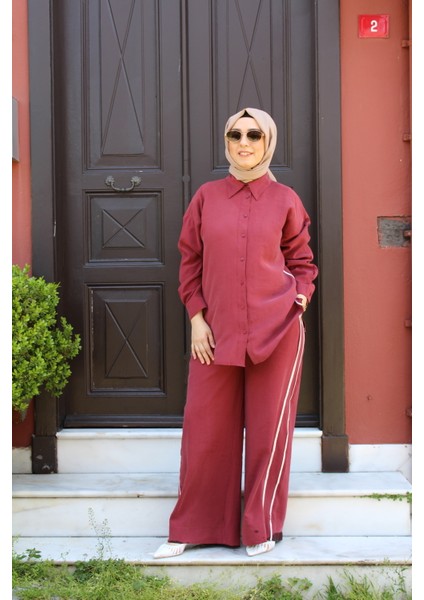 Modal Kumaş Ara Biye Detaylı Bordo Takım