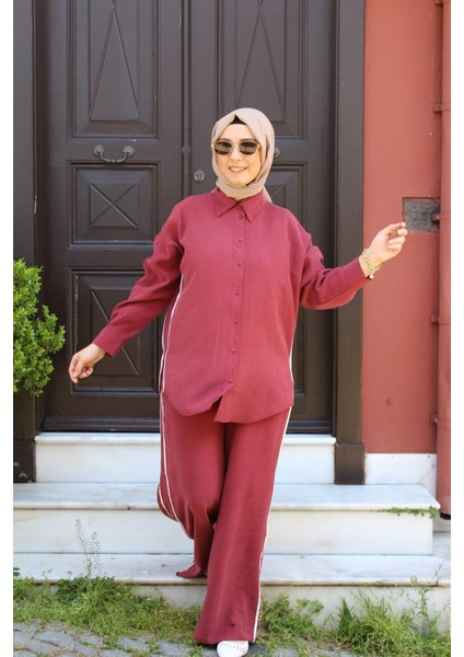 Modal Kumaş Ara Biye Detaylı Bordo Takım