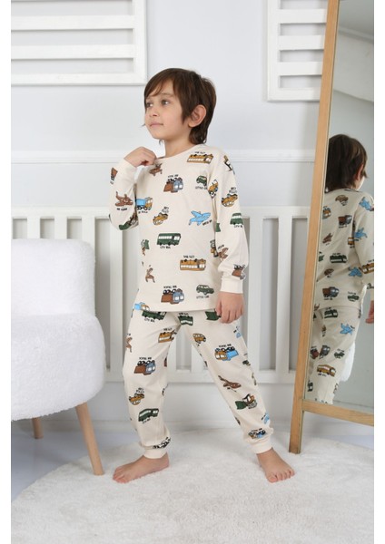 Transportation Veichle Desenli Çocuk Pijama Takımı (Alt-Üst) Bej 3-8 Yaş fiyatları