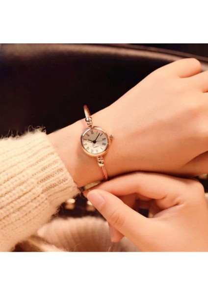 Rose-Beyaz Ince Bileklik Yuvarlak Vintage&retro Saat
