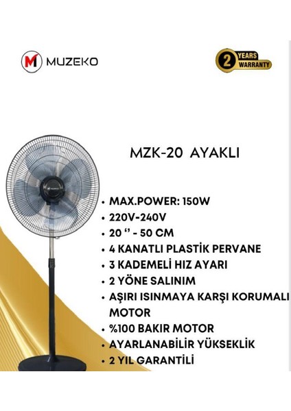 Mzk-20 Ev Ve Ofisler Için 2 Salınımlı 4 Kanatlı Ayaklı Vantilatör