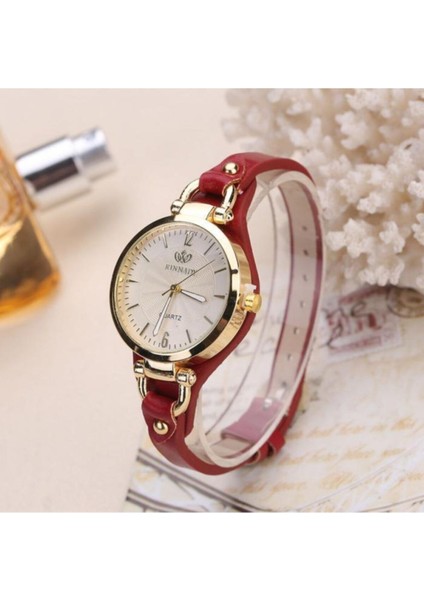Gyrox Kadın Kırmızı Yuvarlak Vintage & Retro Saat Metal Kasa Deri Kordon Pilli