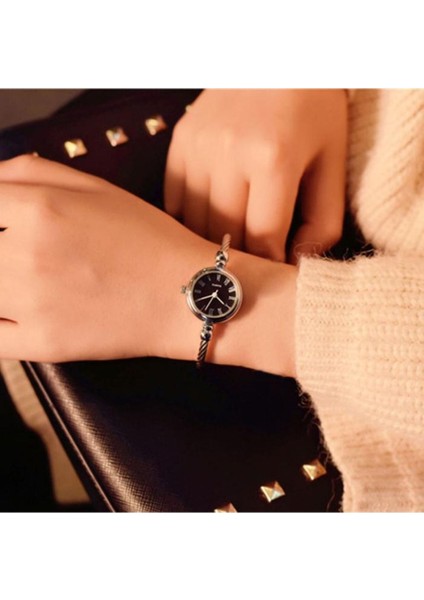 Metal-Siyah Ince Bileklik Yuvarlak Vintage&retro Saat
