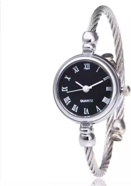 Metal-Siyah Ince Bileklik Yuvarlak Vintage&retro Saat modelleri