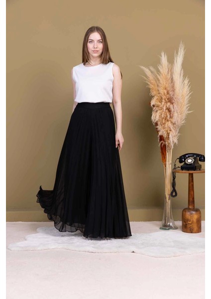 Beli Lastikli Pliseli Şifon Pantolon 6030-SIYAH