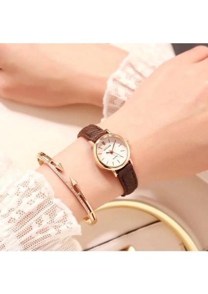 Aura Kahverengi - Beyaz Yuvarlak Vintage&retro Saat