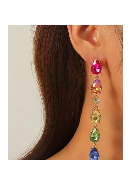 Kadın Renkli Taşlı Damla Model Uzun Küpe