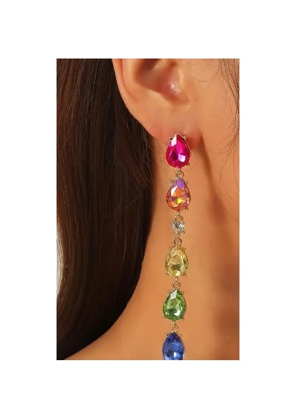 Kadın Renkli Taşlı Damla Model Uzun Küpe fiyatları