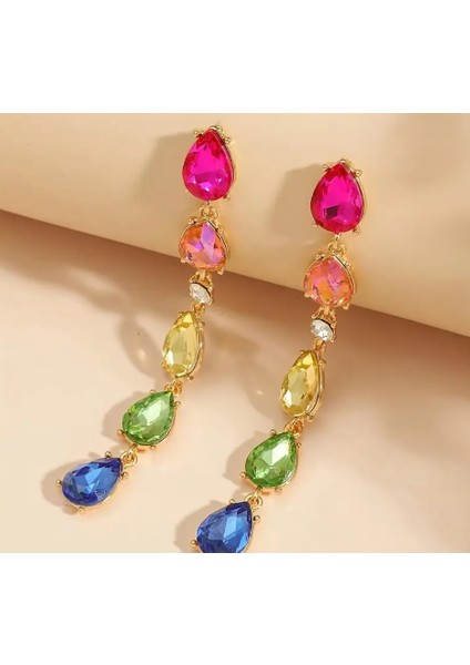 Kadın Renkli Taşlı Damla Model Uzun Küpe fırsatları