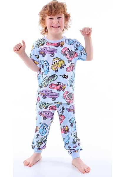 2'li Mavi Dino ve Renk Blokları Desenli Erkek Çocuk Pijama Takımı