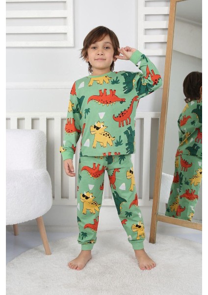 2'li Mavi Dino ve Renk Blokları Desenli Erkek Çocuk Pijama Takımı
