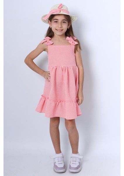 Kız Çocuk Şapkalı Elbise Kareli Fiyonklu B33