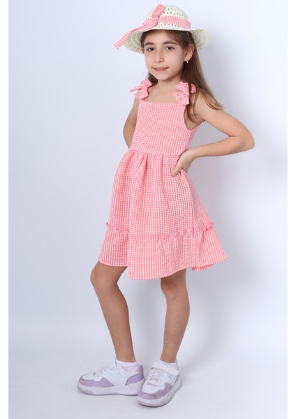 Kız Çocuk Şapkalı Elbise Kareli Fiyonklu B33 fiyatları