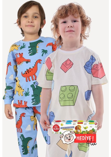 2'li Mavi Dino ve Renk Blokları Desenli Erkek Çocuk Pijama Takımı