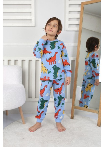 2'li Mavi Dino ve Renk Blokları Desenli Erkek Çocuk Pijama Takımı fırsatları