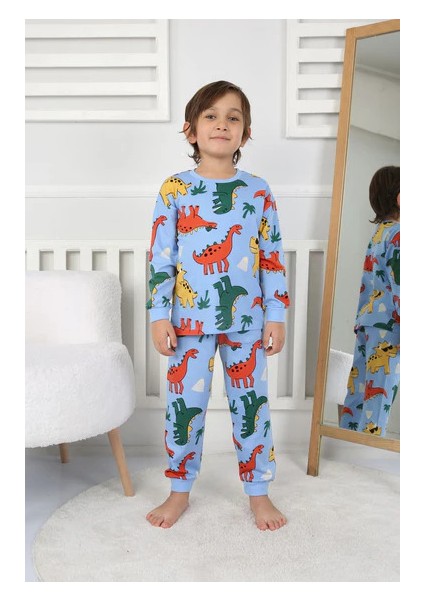 2'li Mavi Dino ve Renk Blokları Desenli Erkek Çocuk Pijama Takımı indirimleri