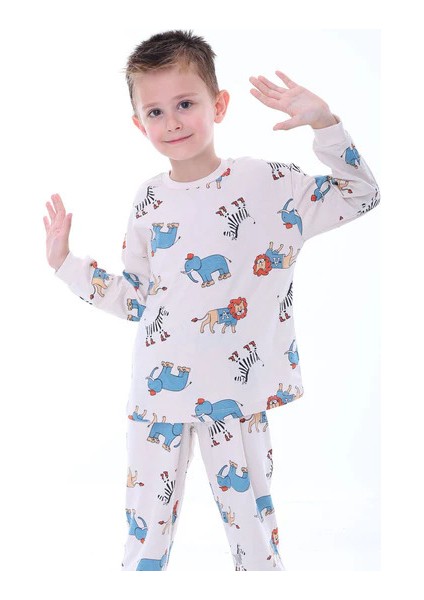 2'li Mavi Dino ve Renk Blokları Desenli Erkek Çocuk Pijama Takımı