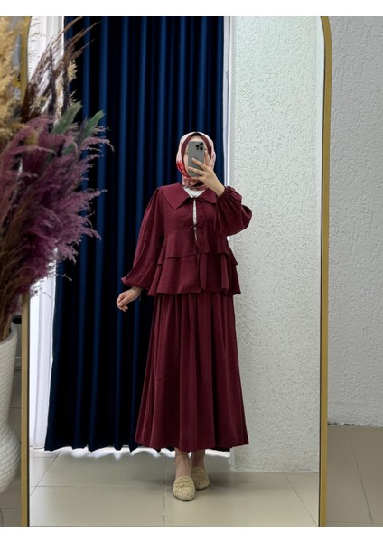 Sorana Gömleği Katkatlı Etekli TAKIM-HE8339 Bordo