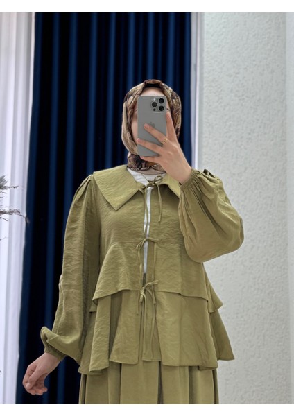 Sorana Gömleği Katkatlı Etekli TAKIM-HE8339 Fıstık Yeşili
