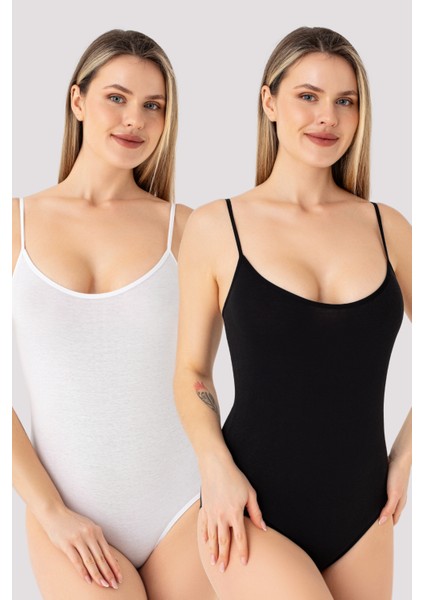 Kadın İp Askılı Çıtçıtlı Atlet Body Zıbın Pamuklu Likralı Beyaz Siyah 2'li Paket