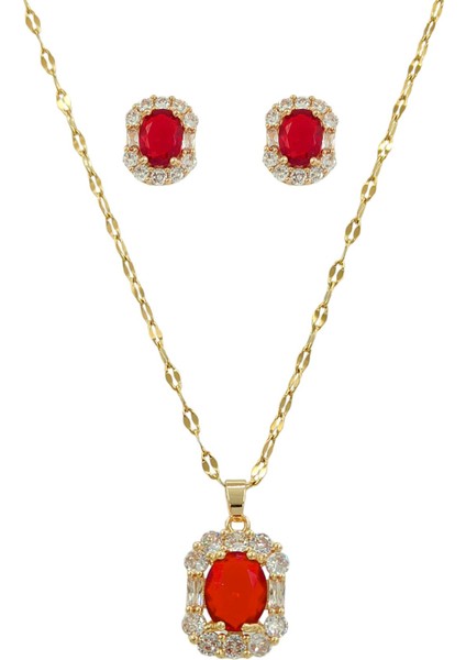 Çelik Zirkon Taş Oval Kolye-Küpe Set