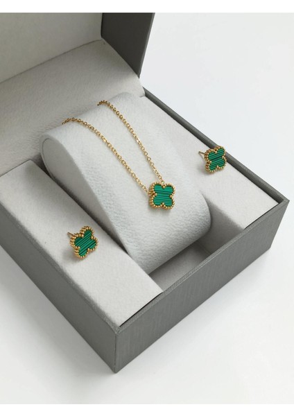2'li Çelik Çift Taraflı Sedefli Yonca Kolye Set Van Cleef Model Kolye Küpe Set
