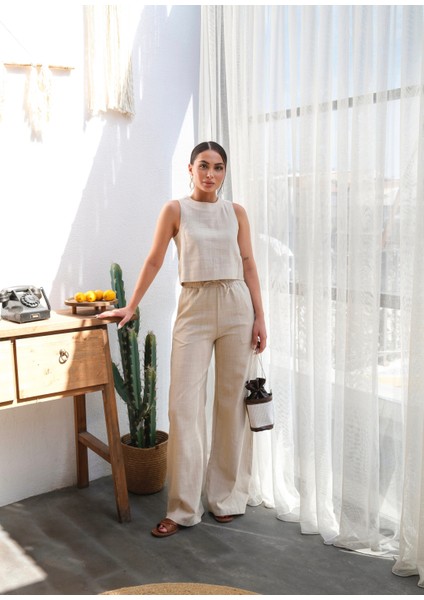 Kadın Keten Bluz ve Pantolon Takım