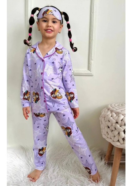 Kız Çocuk Pembe Renk Pijama Takımı. Uzun Kollu Düğmeli Pijama Takımı. Uyku Göz Bantlı Pijama Takım