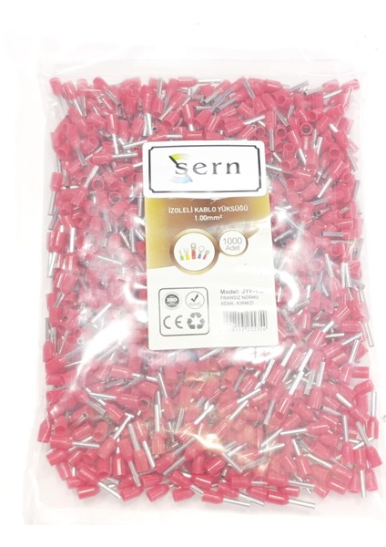 1 mm Tek Girişli Izoleli Kablo Yüksüğü - Fransız Norm - Kırmızı - 1 Paket (1000 Adet)