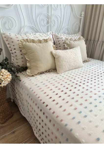 Lale Model Ekru Pembe Mavi Yatak Örtüsü / Pike Takımı Çift Kişilik