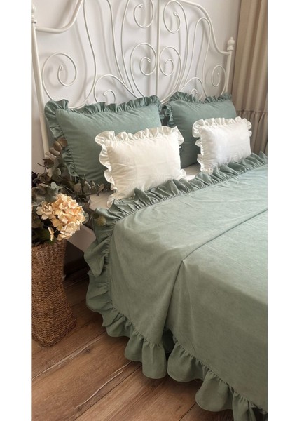 Vintage Adaçayı Yeşili Fırfırlı Yatak Örtüsü Çift Kişilik 3 Parça