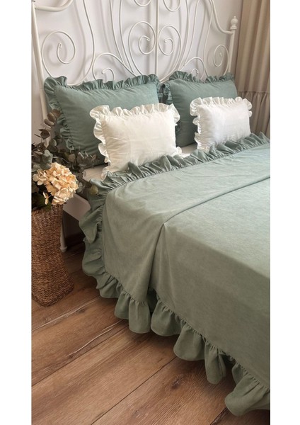 Vintage Adaçayı Yeşili Fırfırlı Yatak Örtüsü Çift Kişilik 3 Parça fiyatları