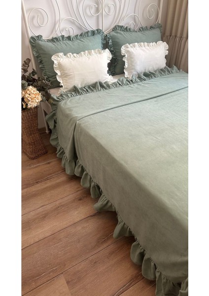 Vintage Adaçayı Yeşili Fırfırlı Yatak Örtüsü Çift Kişilik 3 Parça fırsatları