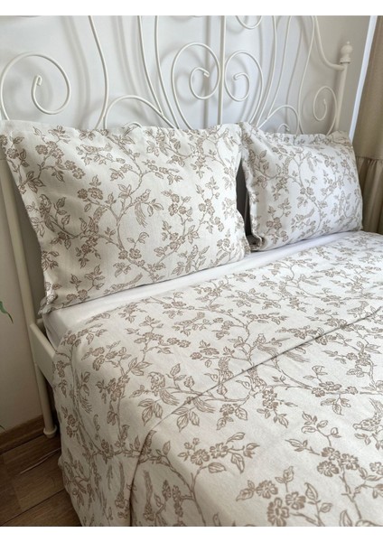 Kuş Desenli Bej Yatak Örtüsü & Pike Takımı Çift Kişilik 220 x 240