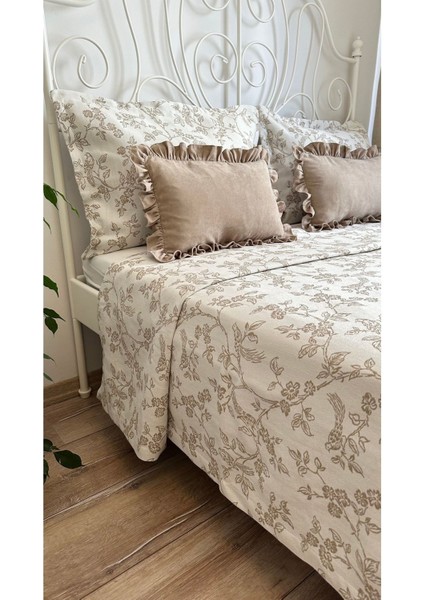 Kuş Desenli Bej Yatak Örtüsü & Pike Takımı Çift Kişilik 220 x 240