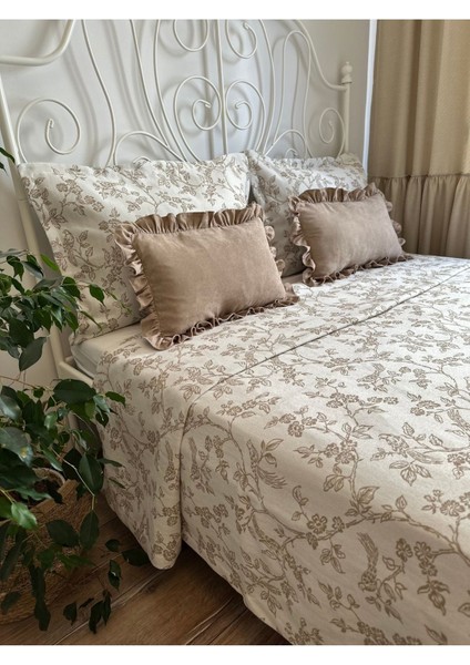 Kuş Desenli Bej Yatak Örtüsü & Pike Takımı Çift Kişilik 220 x 240