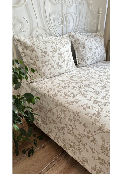 Kuş Desenli Bej Yatak Örtüsü & Pike Takımı Çift Kişilik 220 x 240
