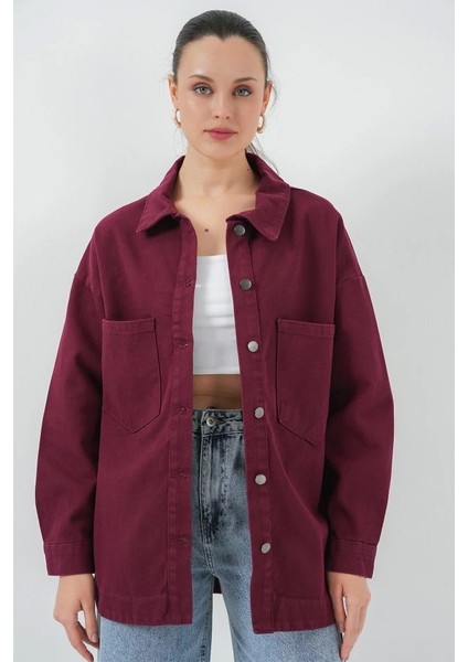 20192 Oversize Gabardin Gömlek Ceket - Bordo