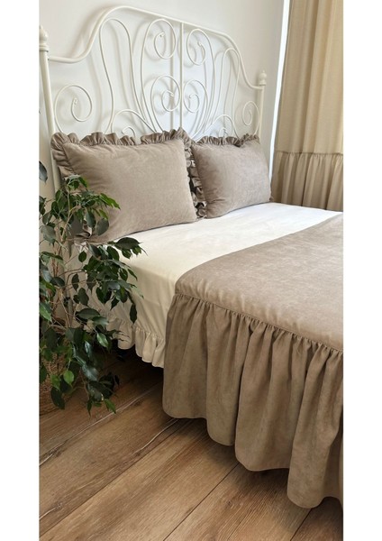 Miya 3’lü Vintage Fırfırlı Vizon Yatak Runner Çift Kişilik