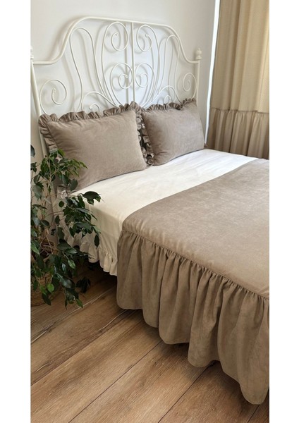 Miya 3’lü Vintage Fırfırlı Vizon Yatak Runner Çift Kişilik modelleri