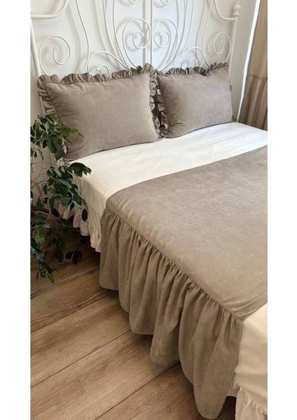 Miya 3’lü Vintage Fırfırlı Vizon Yatak Runner Çift Kişilik fırsatları