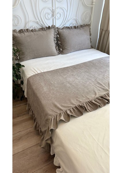 Vizon Fırfırlı Yatak Runner Kırlent Seti Yatak Şalı Yatak Örtüsü Set Çift Kişilik