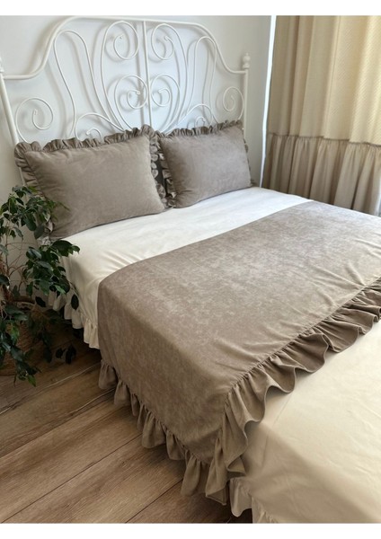 Vizon Fırfırlı Yatak Runner Kırlent Seti Yatak Şalı Yatak Örtüsü Set Çift Kişilik fiyatları