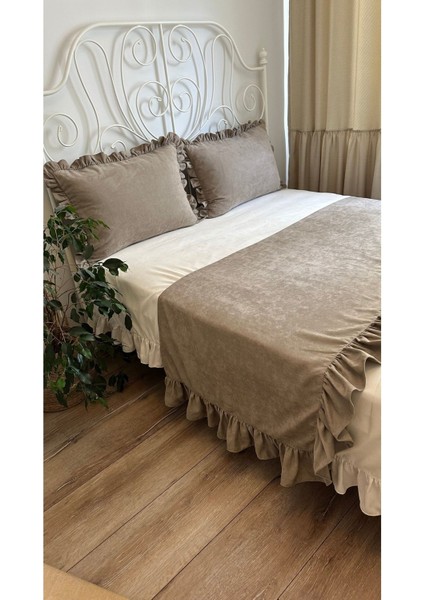 Vizon Fırfırlı Yatak Runner Kırlent Seti Yatak Şalı Yatak Örtüsü Set Çift Kişilik modelleri