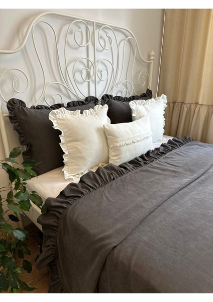 Vintage Fırfırlı Antrasit Gri Füme Yatak Örtüsü Çift Kişilik