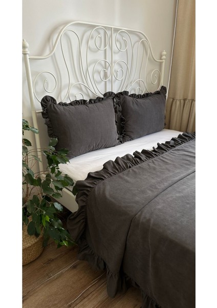 Vintage Fırfırlı Antrasit Gri Füme Yatak Örtüsü Çift Kişilik fiyatları